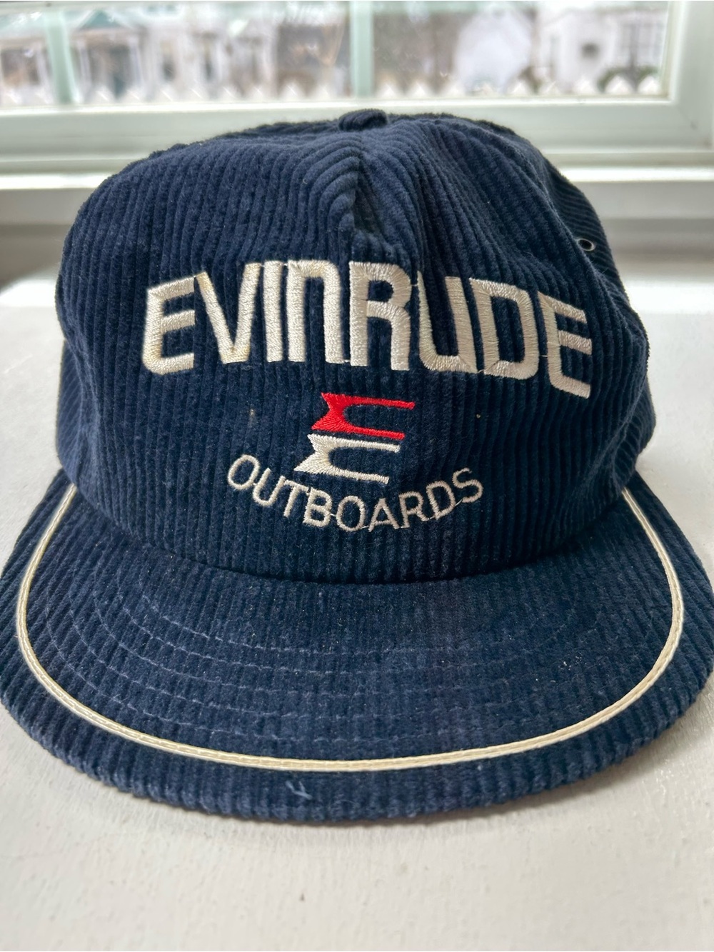 Vintage Hat Evinrude Courdory Navy White Embroidered Logo Cap Trucker Boat USA